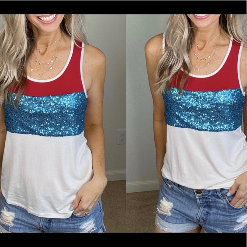 New Red, Blue Sequin, White Color Block Tank